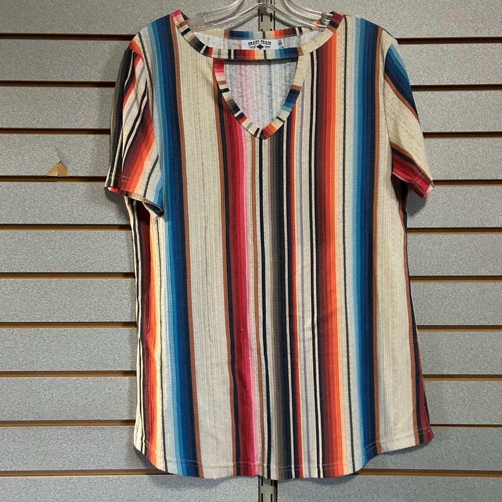 Crazy Train Top Women's‎ Small Striped Western Ribbed Knit Short Sleeve